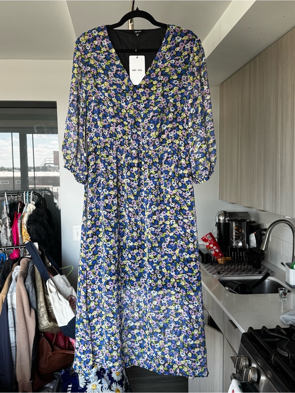 Saint + Sofia Portland Blue Floral Midi Dress Size 10 New With Tags - Picture 3 of 10